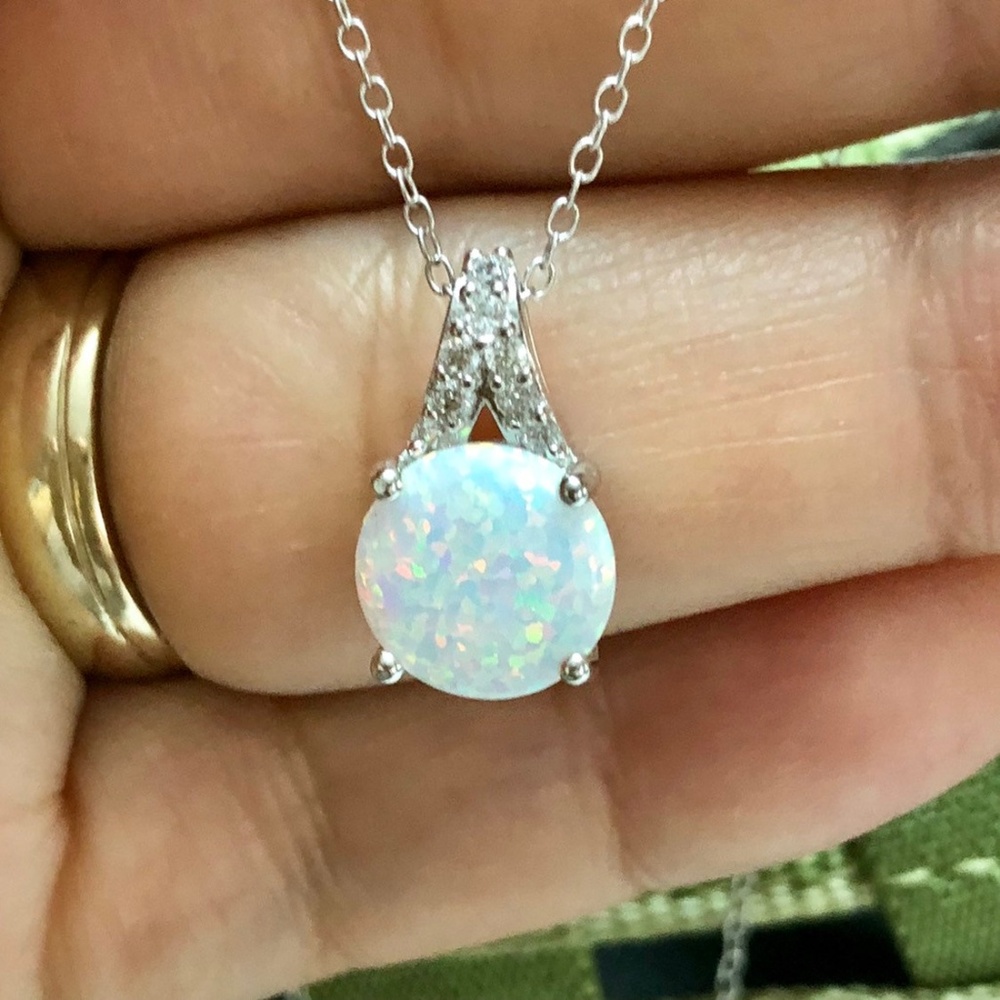 Fire Opal Necklace Round White Opal Pendant, Minim - Picture 7 of 8